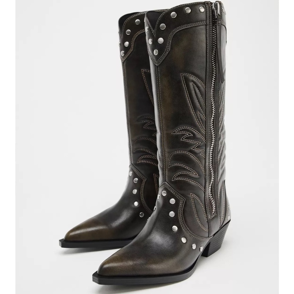 Zara Cowboy Studded Boots, Size 7, Like New
